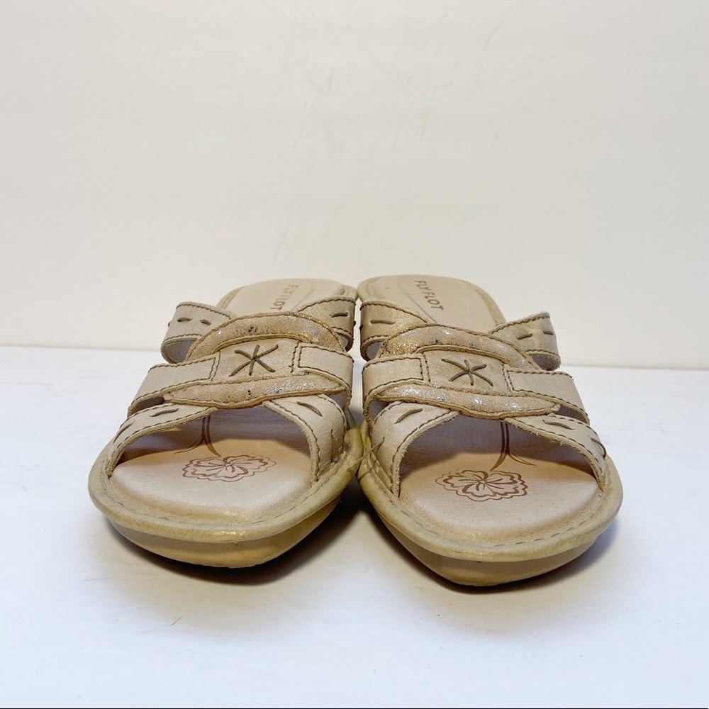 Fly Flot Wedge Sandals Womens 37 Beige Leather Metallic Whipstitch Mule Slip-on - Picture 2 of 10